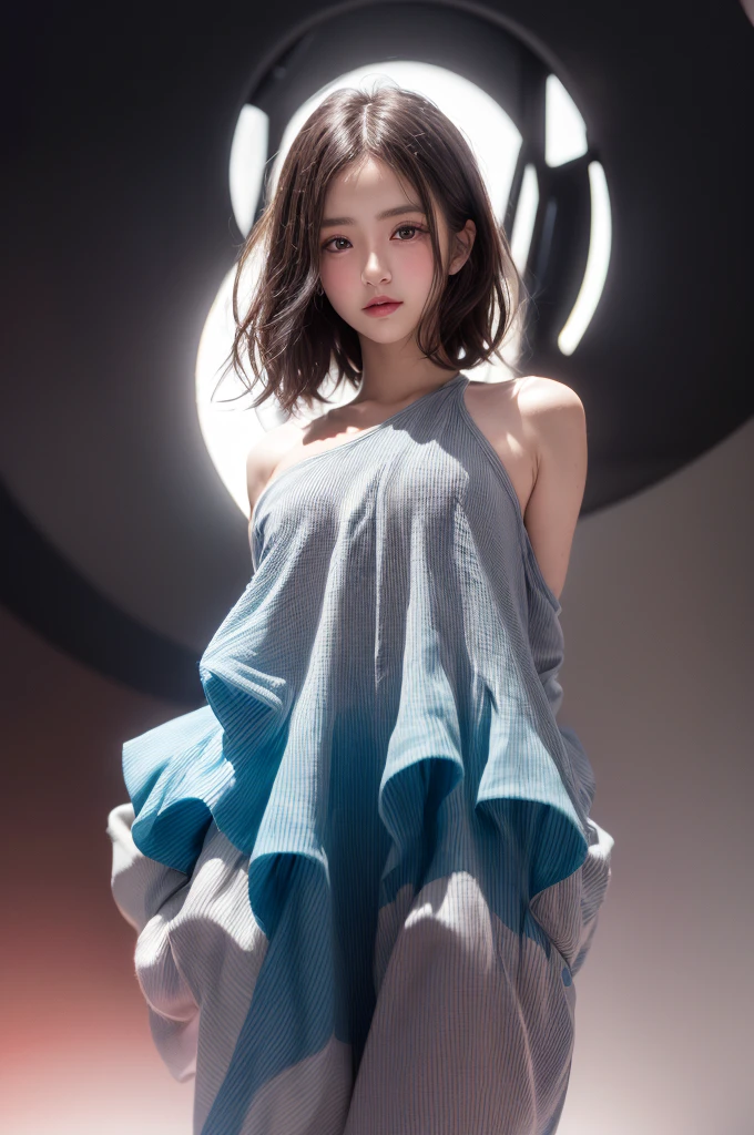 Realistic、(masterpiece、Highest quality、Highest quality、Official Art、Beautiful and aesthetic:1.2)、Very detailed、woman,people々turn black:1.2,((Backlighting:1.2)),Fractal Art、colorful、Highest detail、Tangled、(The background is bright and abstract:1.5)Silver Hair、Bright Eyes、all back、Masseter muscle area,High definition,1peopleの少女、Idol、Close-up、clavicle、picture、movie、Depth of written boundary、Jito Order、Eyes from below,Long Hair,View your viewers、Cleavage,((surrealist clothes:1.4)),Puffy eyes,Sit on,(Big Breasts)