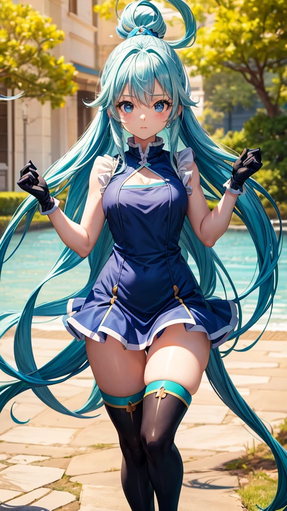 full body length, aesthetic anatomy, 1cute girl wears Aqua outfit from KonoSuba's anime, long blue hair, blue eyes, tight sleeveless dark blue vest, swipe dark blue skirt, hightights dark blue boots, dynamic angle, highly detailed, natural details, masterpiece, 4K quality, 8k resolution 
