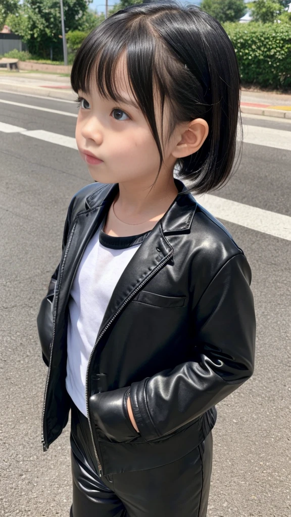 (16 year ),china Beautiful face,Black hair and black eyes,Modern fashion,Genuine leather jacket, leather short skirt,High quality real photos, sharp details, sharp focus