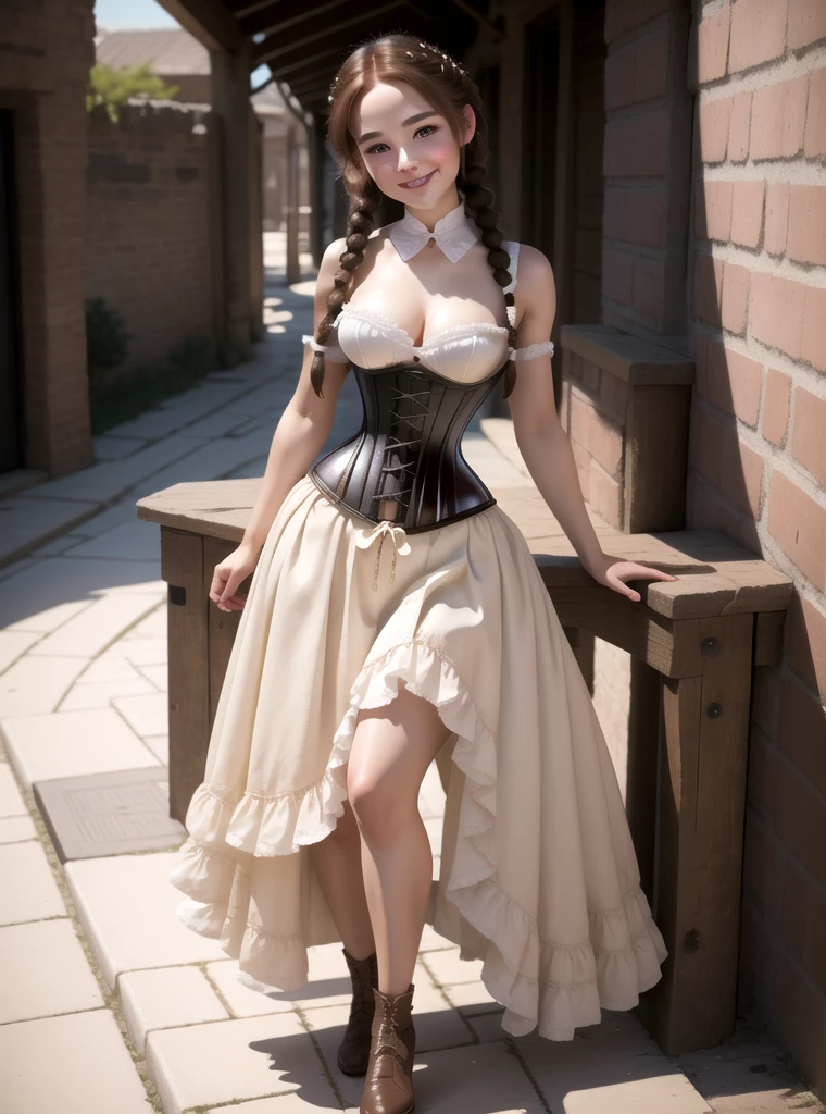 8k, masterpiece, highly detailed, 1girl, ( white  underbust corset), jm petticoat, sleeveless, full body, head tilt, coy smile, braids, brown
 hair,