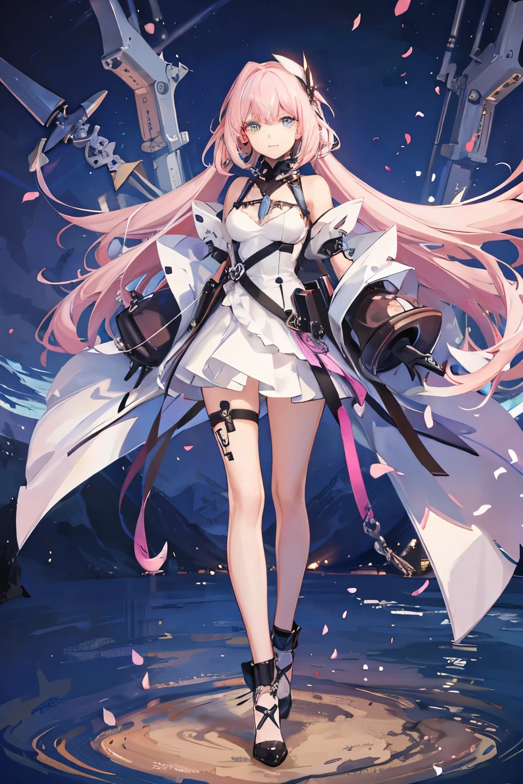 princess standing with windblown pink and white hair with heterochromatic eyes wearing futuristic clothes