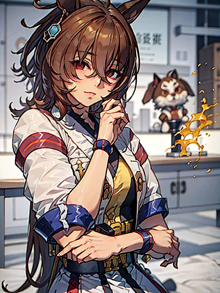(​masterpiece、top-quality、hight resolution、Unity 8k Wallpaper、extremely details CG:1), Create an image featuring a character from LoRa[Agnes Tachyon (umamusume)] wearing the costume and accessories of a character from LoRa[Nakoruru (The King of Fighters / Samurai Shodown ) LoRA]. Ensure that the body and physical features are entirely based on the character from LoRa[Agnes Tachyon (umamusume)], while the clothing, accessories, and overall style are taken from the character in LoRa[Nakoruru (The King of Fighters / Samurai Shodown ) LoRA]. The scene should clearly depict the combination of these two elements in a cohesive and visually appealing manner. nsfw
