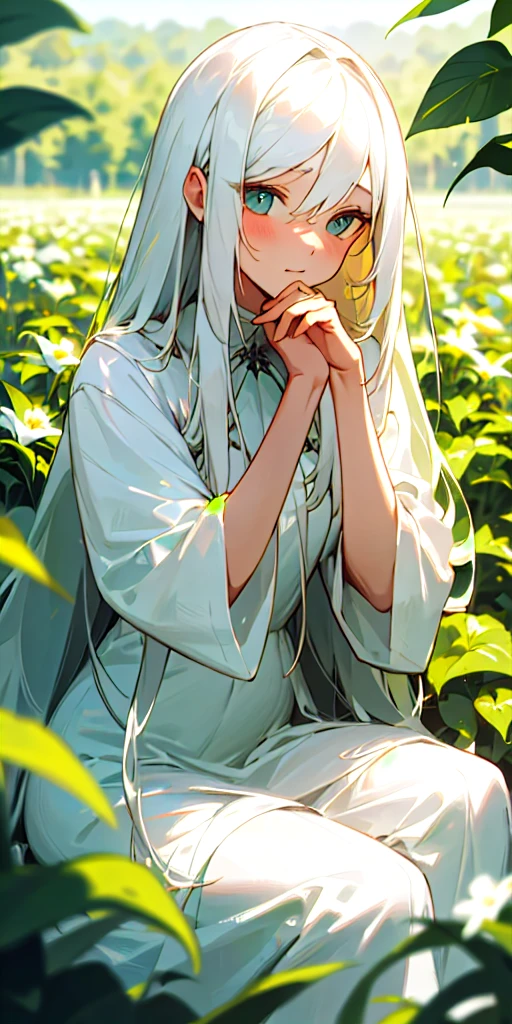 (masterpiece, best quality),1girl with long white hair sitting in a field of green plants and flowers, her hand under her chin, warm lighting, white dress, blurry foreground