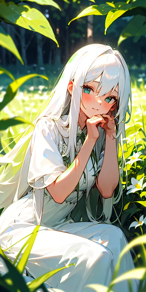(masterpiece, best quality),1girl with long white hair sitting in a field of green plants and flowers, her hand under her chin, warm lighting, white dress, blurry foreground