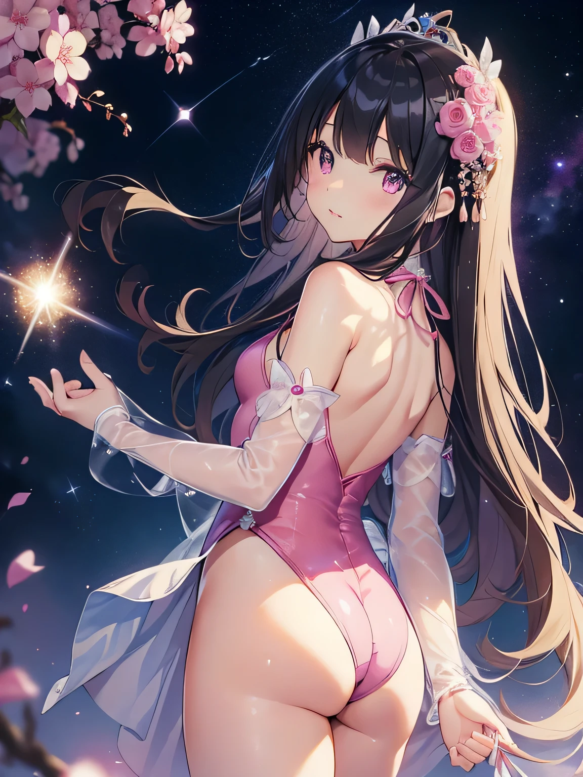 Highest quality、Very delicate and beautiful、Very delicate and beautiful、(Beautiful eyes)、Pink Eyes、I、I、、 、Japanese、、Chiquita、(armor)、(Black Hair)、((Pink leotard))、(High leg)、Tiara on head、Laughter、standing、Looking back、Butt、((The background is outer space))