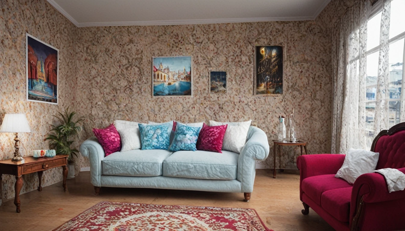 Can you describe a meticulous and detailed scene of a night scene in a city, with a lit-up Buckingham Palace visible through the window? The setting is a modern living room in a sky-high tower apartment. The walls are made of concrete, the floor is white, and there's a table with a wine bottle on it. There are stylish posters and white pillows on the deep blue sofa. The curtains are also white, and there's a planted greenery corner. Additionally, there are lights turned on. Please provide a 16k resolution image of this night scene, focusing on the details, and make it visually stunning.
