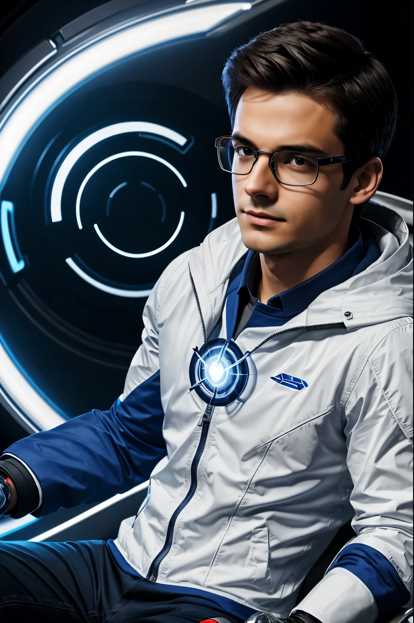 A young man with dark hair and glasses wearing a blue jacket and white shirt with a glowing arc reactor on his chest. He is seated behind a white and grey robotic arm. The background is plain white