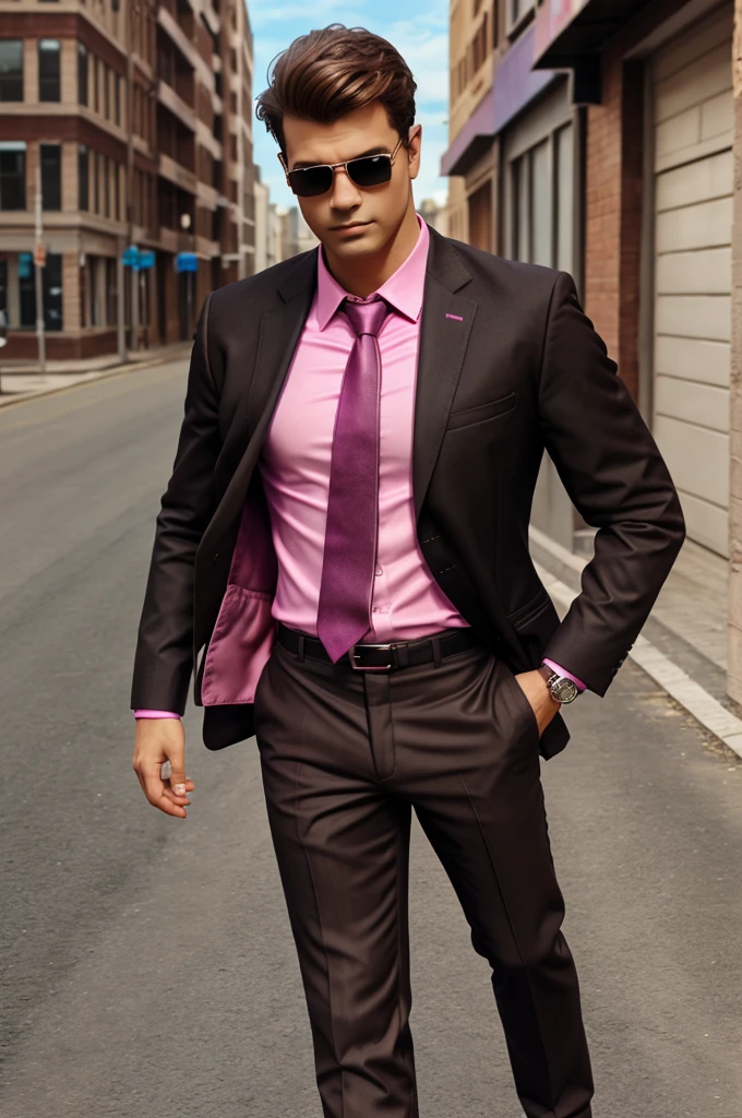  Wearing pink shirt with brown tie and black shoes 3D picsart style 