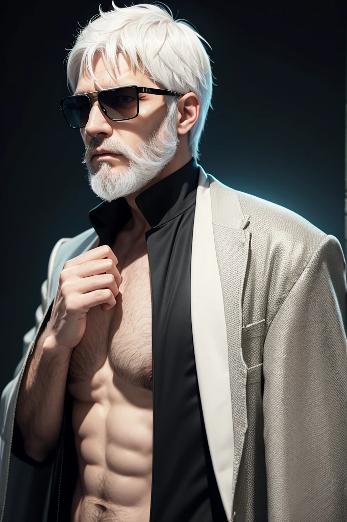 Free Fire male skin with pointy white hair and a white beard and black glasses No shirt with a black background with rays 