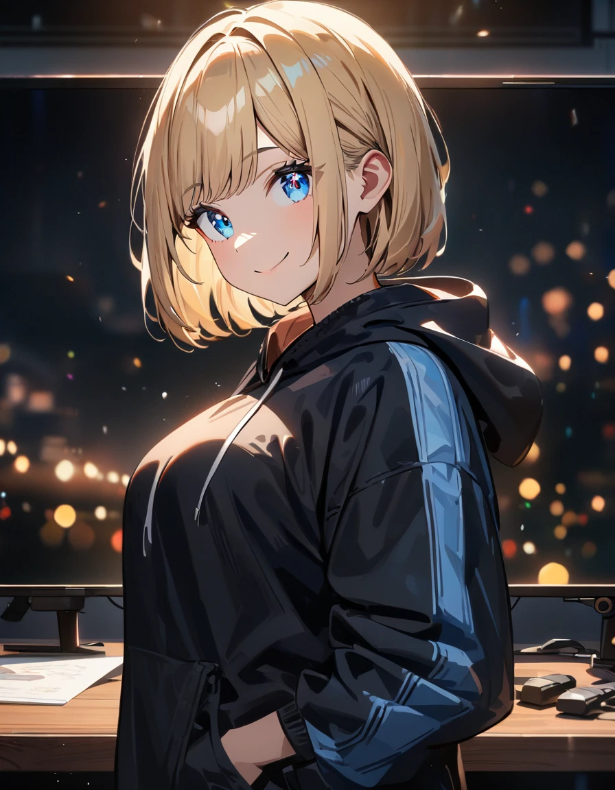 (((One girl))), blond hair, bob cut, (upper body), (looking at viewer), breasts, teenager, head tilt:1.3, (((blue eye))), (from side), hand in pocket, ((happy smile)), black hoodie, black shorts, anime style, (best quality, 4k, 8k, highres, masterpiece:1.2, ultra-detailed, ultra-detailed eyes, HDR, UHD, studio lighting, ultra-fine painting, sharp focus, physically-based rendering, extreme detail description, professional, vivid colors, bokeh)