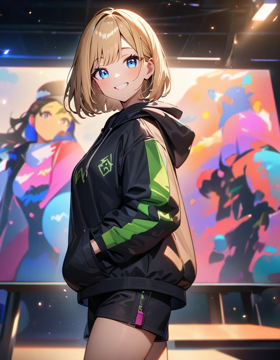 (((One girl))), blond hair, bob cut, (upper body), (looking at viewer), breasts, ager, head tilt:1.3, (((blue eye))), (from side), hand in pocket, ((happy smile)), black hoodie, black shorts, anime style, (best quality, 4k, 8k, highres, masterpiece:1.2, ultra-detailed, ultra-detailed eyes, HDR, UHD, studio lighting, ultra-fine painting, sharp focus, physically-based rendering, extreme detail description, professional, vivid colors, bokeh)