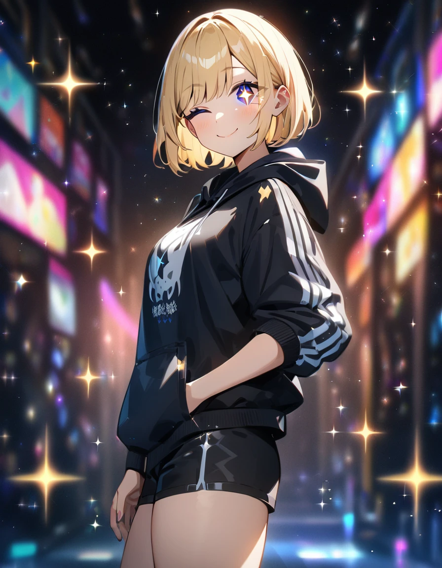 (((One girl))), blond hair, bob cut, (looking at viewer), breasts, teenager, head tilt:1.3, (((blue eye))), (from side), hand in pocket, ((happy smile)), black hoodie, black shorts, (one eye closed, ;>), (((sparkle in the eye:1.8))), ((cowboy shot)), anime style, (best quality, 4k, 8k, highres, masterpiece:1.2), ultra-detailed, ultra-detailed eyes, HDR, UHD, studio lighting, ultra-fine painting, sharp focus, physically-based rendering, extreme detail description, professional, vivid colors, bokeh)