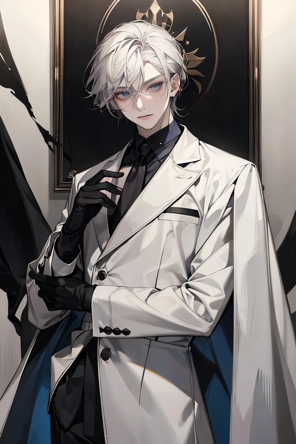 Masterpiece, best quality, solo, male, mafia, black shirt, white pant, black gloves, white coat, medium hair, gray hair, light blue eyes