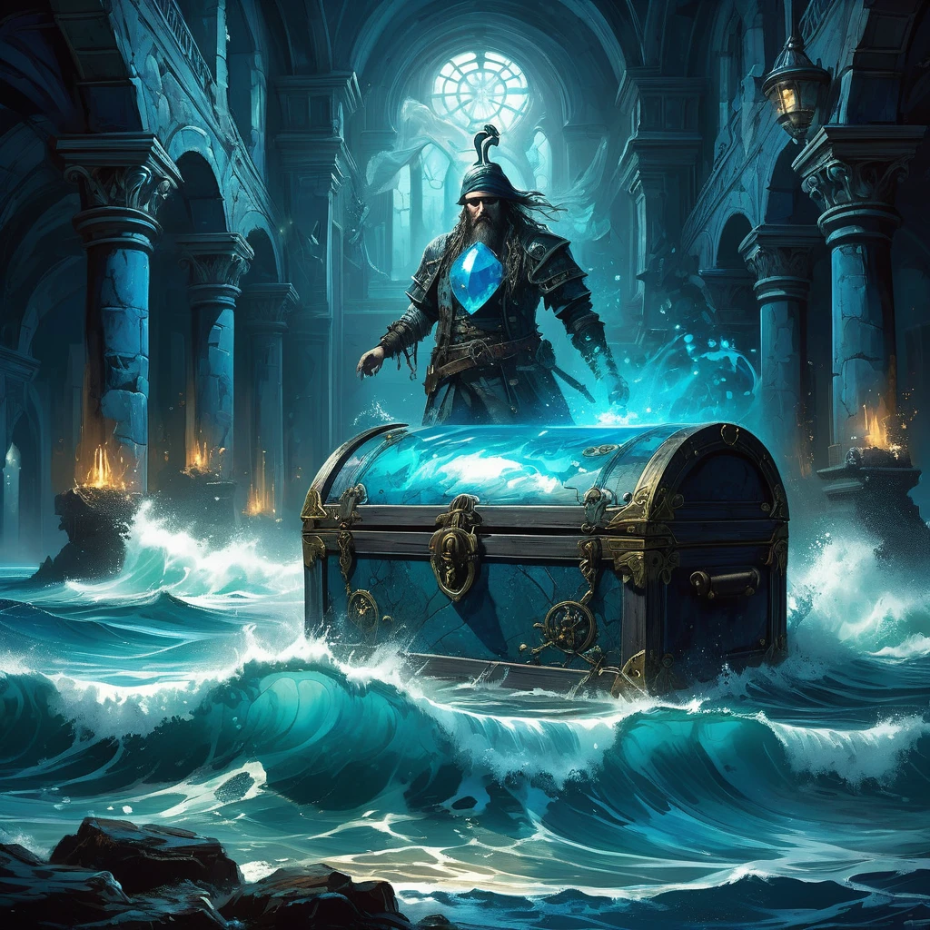Visualize a blue-souled pirate standing alone in the heart of an ancient, abandoned castle hall, its stone walls weathered and adorned with remnants of forgotten battles. The pirate's attire is a blend of rugged leather and tattered sea-worn cloth, dyed in deep shades of midnight blue that hint at their mysterious origins. Their eyes, glowing with an ethereal azure light, betray a soul touched by the ocean's depths and the mysteries of the deep.
Around them, the room is dimly lit by flickering torches mounted on rusted sconces, casting dancing shadows that seem to echo the restless waves. A solitary wooden chest, adorned with intricate carvings of sea creatures and lost treasures, stands open at their feet, revealing an assortment of ancient maps, trinkets encrusted with barnacles, and a shimmering sea-blue gem that pulses faintly with latent magic.
The air is heavy with the salty tang of seawater and the haunting melodies of distant sea shanties. Outside, storm clouds gather on the horizon, casting an ominous glow through broken windows. In this empty hall, the blue-souled pirate stands as a testament to tales of adventure and longing in the medieval dark fantasy world, where secrets of the sea and forgotten treasures await those brave enough to seek them."