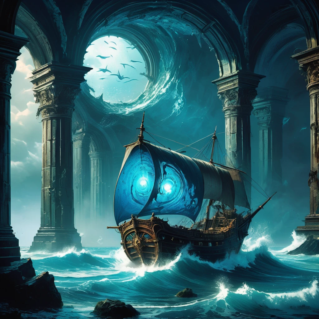 Visualize a blue-souled pirate standing alone in the heart of an ancient, abandoned castle hall, its stone walls weathered and adorned with remnants of forgotten battles. The pirate's attire is a blend of rugged leather and tattered sea-worn cloth, dyed in deep shades of midnight blue that hint at their mysterious origins. Their eyes, glowing with an ethereal azure light, betray a soul touched by the ocean's depths and the mysteries of the deep.
Around them, the room is dimly lit by flickering torches mounted on rusted sconces, casting dancing shadows that seem to echo the restless waves. A solitary wooden chest, adorned with intricate carvings of sea creatures and lost treasures, stands open at their feet, revealing an assortment of ancient maps, trinkets encrusted with barnacles, and a shimmering sea-blue gem that pulses faintly with latent magic.
The air is heavy with the salty tang of seawater and the haunting melodies of distant sea shanties. Outside, storm clouds gather on the horizon, casting an ominous glow through broken windows. In this empty hall, the blue-souled pirate stands as a testament to tales of adventure and longing in the medieval dark fantasy world, where secrets of the sea and forgotten treasures await those brave enough to seek them."