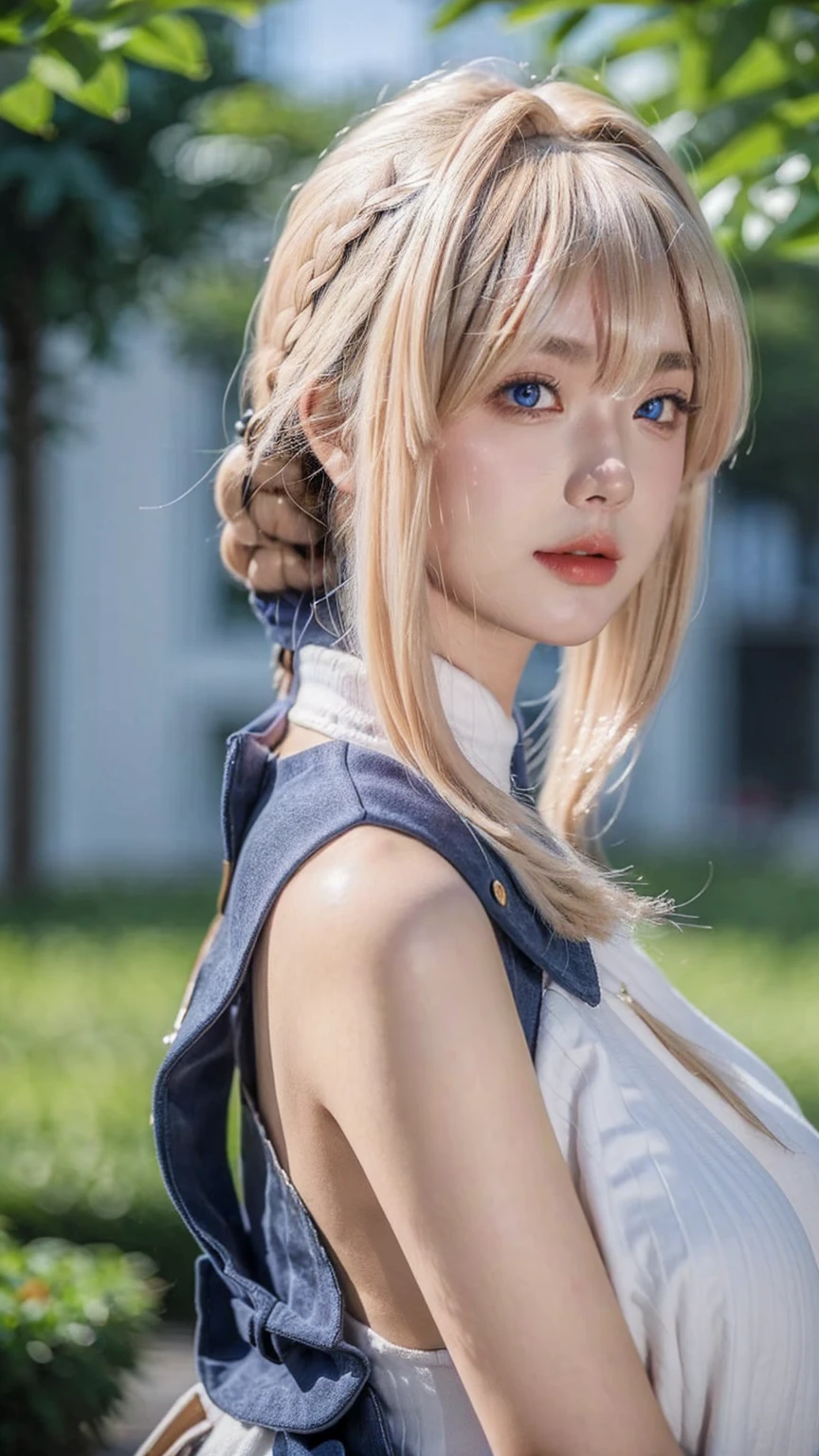 ((best quality)), ((masterpiece)), (detailed), perfect face, pretty face, beautiful female, beautiful body, e cup breast, perfect body, head accessories, sleeveless sweater, blue eyes, violet_evergarden, at the park
