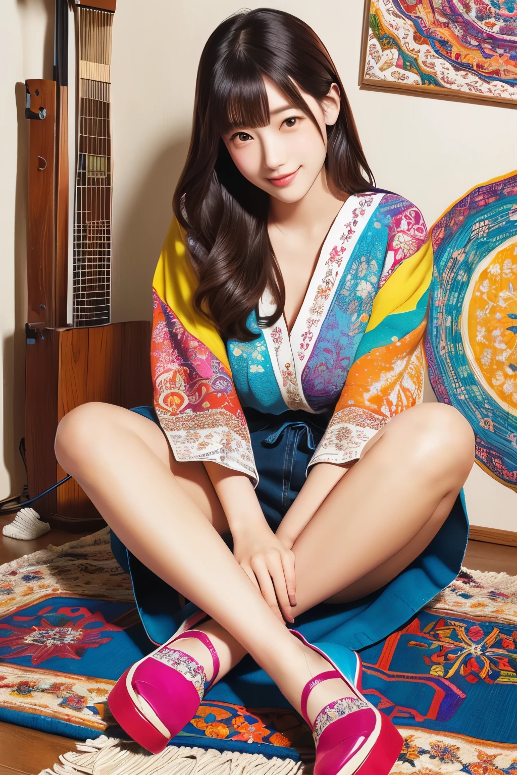 Beautiful woman sitting with shoes on colorful rug, digital illustration, colorful pictures, amazing art style, Clean and detailed art, Yanagawa Nobusada,