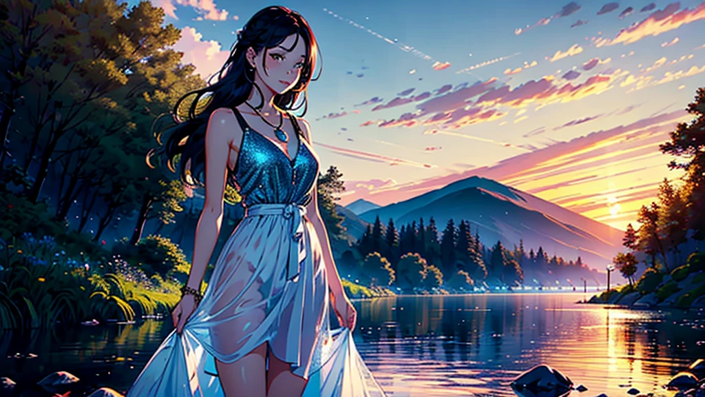 1 girl, cheerful expression, fascinating eyes, straight long hair, flowing dress, balanced posture, porcelain skin, Subtle blush, Crystal pendant BREAK golden hour, (rimlighting):1.2, warm tones, sunflare, Soft Shadows, bright colours, painterly effect, dreamy atmosphere break picturesque lake, distant mountains, Weidenbaum, still water, Consideration, sunlit clouds, peaceful atmosphere, idyllic sunset, ultra detailed, offcial art, Unity 8k Wallpaper
, zentangle, mandala