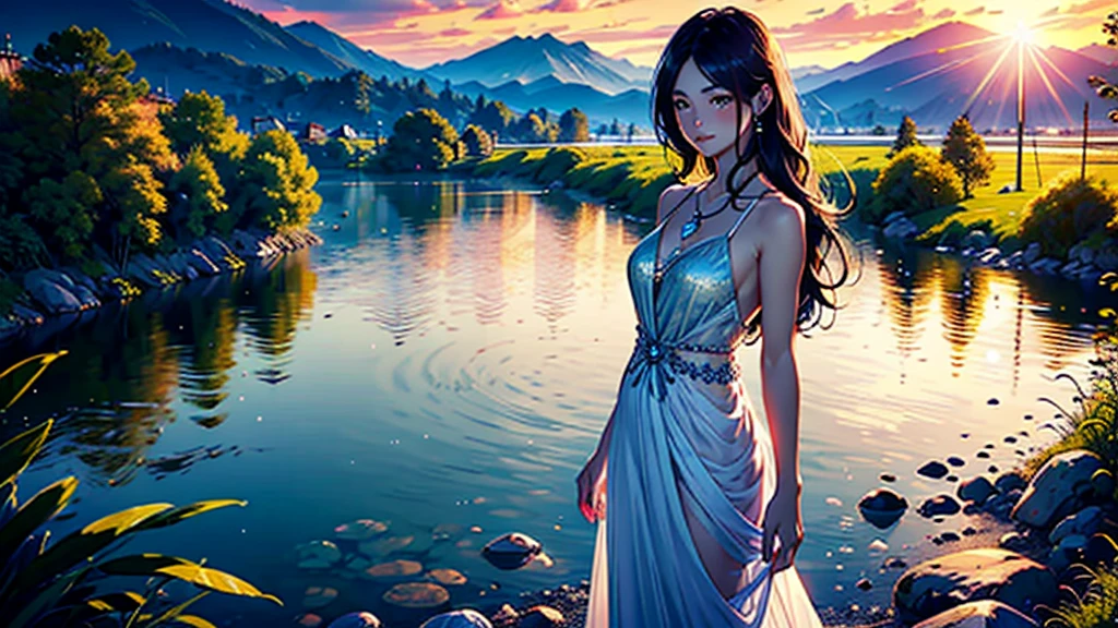 1 girl, cheerful expression, fascinating eyes, straight long hair, flowing dress, balanced posture, porcelain skin, Subtle blush, Crystal pendant BREAK golden hour, (rimlighting):1.2, warm tones, sunflare, Soft Shadows, bright colours, painterly effect, dreamy atmosphere break picturesque lake, distant mountains, Weidenbaum, still water, Consideration, sunlit clouds, peaceful atmosphere, idyllic sunset, ultra detailed, offcial art, Unity 8k Wallpaper
, zentangle, mandala