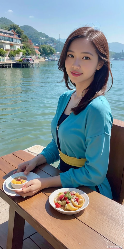 Realistic, real life, beautiful breakfast table by the water with background by greg rutkowski, style of laurie greasley, studio ghibli, geovane tarantino, james gilleard, genshin impact, pixiv trend fanbox, acrylic palette knife, 4k, (vibrant colors), (bright color contrast), (highly saturated), devinart, trend in artstation