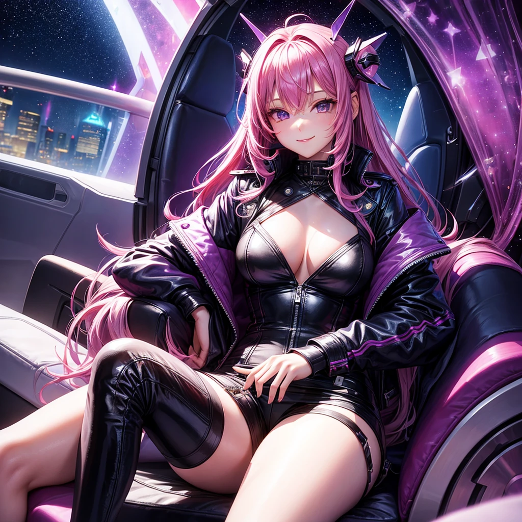 A young sexy woman with long purple hair and sexy clothes sits in a spaceship seat、A beautiful starry sky can be seen from the window.。smile，leather jacket，Future Fashion，Angel Girl，Pink Hair，Horny girl，High-dimensional beautiful girl，Multidimensional beautiful girl，colorful hair colors