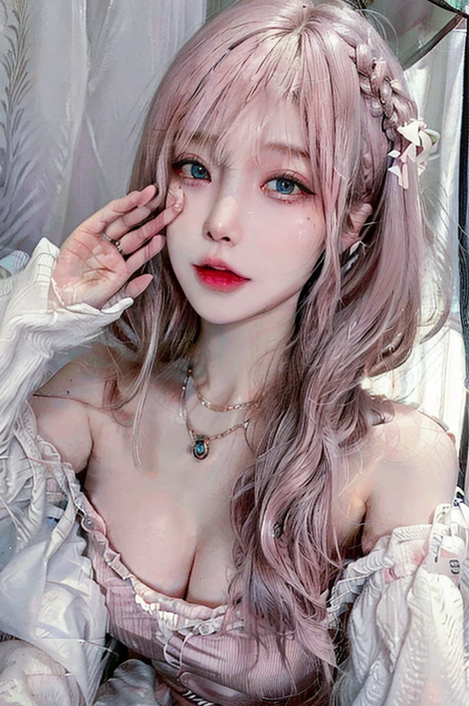 1 girl, ((8k, RAW photo, best quality, masterpiece:1.2)) Big: 1.3, Slender Abs: 1.1, Lying on the bed, pretty face, 20yo, pretty korean girl, pale skin, white skin, blue eyes, looking at viewer, thick thight, pink lips, Ultra realistic, extreamly detailed, Very detailed body, Huge Breast, huge , detailed face, Hyper realistic, NSFW, Beautiful Face, Real Face, Beautiful Detail Eyes, Beautiful Skin, Attractive, Ultra High Resolution, High Definition, Detailed Face, best quality, extremely detailed, pink areola, not wearing a cloth, naked, exposed ass, necklace, earing, wavy white hair, vaginal, solo, dynamic lighting, cowboy shot, naughty face, close up