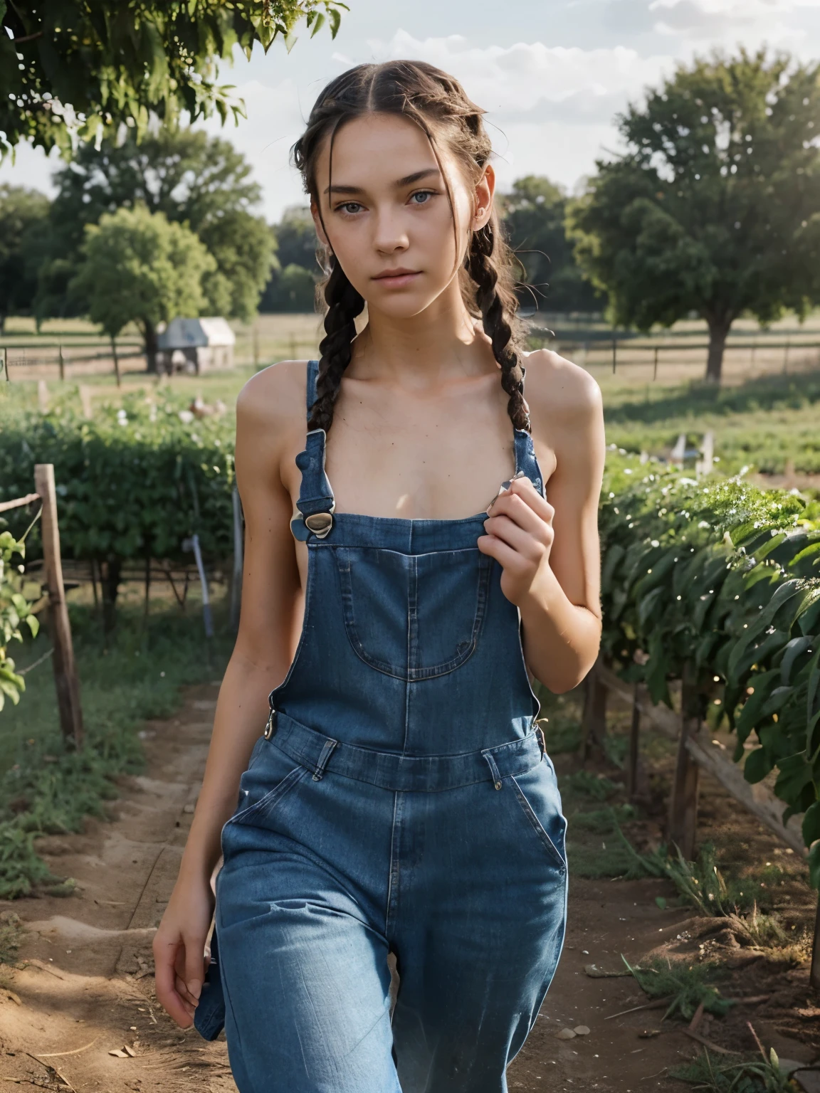 (Beautiful  girl running around the farm) (naked under overalls) beautiful, perfect face, (slender body) Slender body, (black hair, braids) (blue eyes) (white skin) Western face, predatory eyes, beauty Western, thin nose. farm.