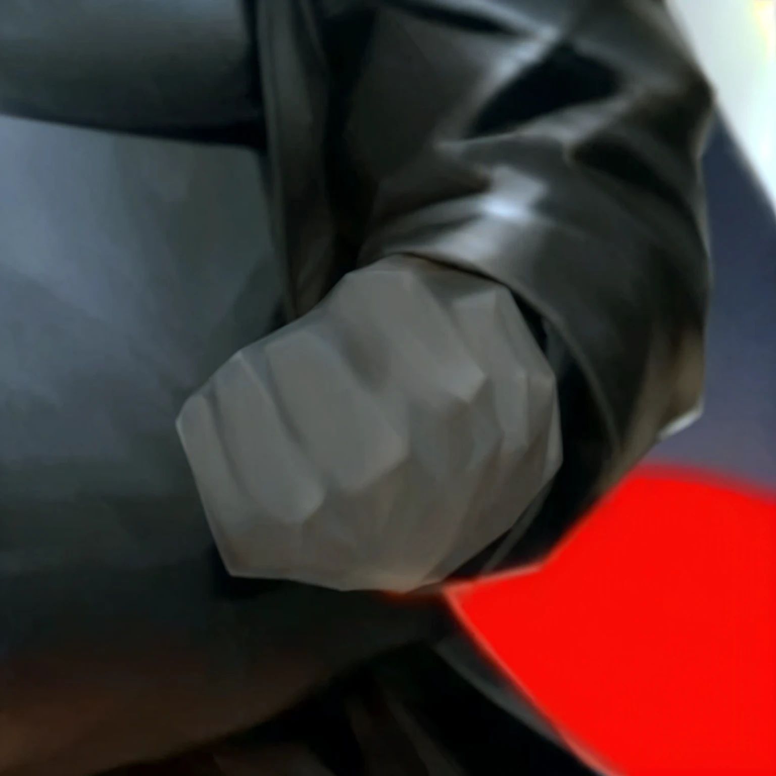 Male anthro wolf arms are covered by a black jacket, His arms are positioned as if ready to fight, arm fists clenched and facing upwards. Perfect high quality light and shadow on hand. White fur arm, white hand, white perfect detailed realistic fur hand