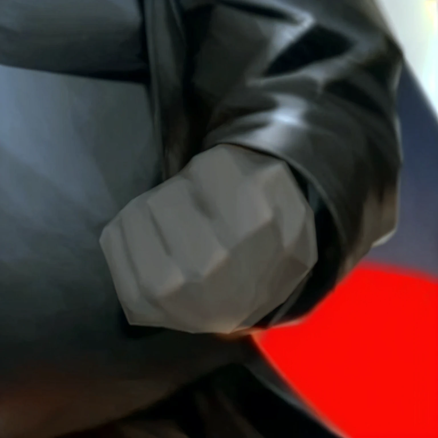 Male anthro wolf arms are covered by a black jacket, His arms are positioned as if ready to fight, arm fists clenched and facing upwards. Perfect high quality light and shadow on hand. White fur arm, white hand, white perfect detailed realistic fur hand