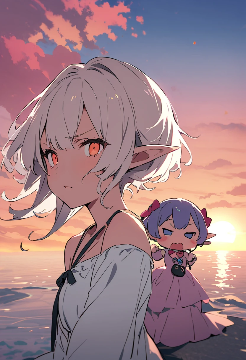 masterpiece, Highest quality, Illustration of the novel, High resolution, 18+ Adult content, Sensual, Intimate, Emotional, Passionate, romantic, sweet, Adorable, Innocent, Pure, charmな, charmな, charm, mysterious, charmな, charmな, Immersive, charmな, dream-like, Surreal, Imaginative, Whimsical, Artistic, Avant-garde, timeless, elegant, Sophisticated, chic, Sophisticated, Personality, original, charmな,(( Elf:1.3)),((A look of disgust:1.3))、Upper Body、(a bit),((Sunrise Time/Sunrise time/sunrise time:1.3))