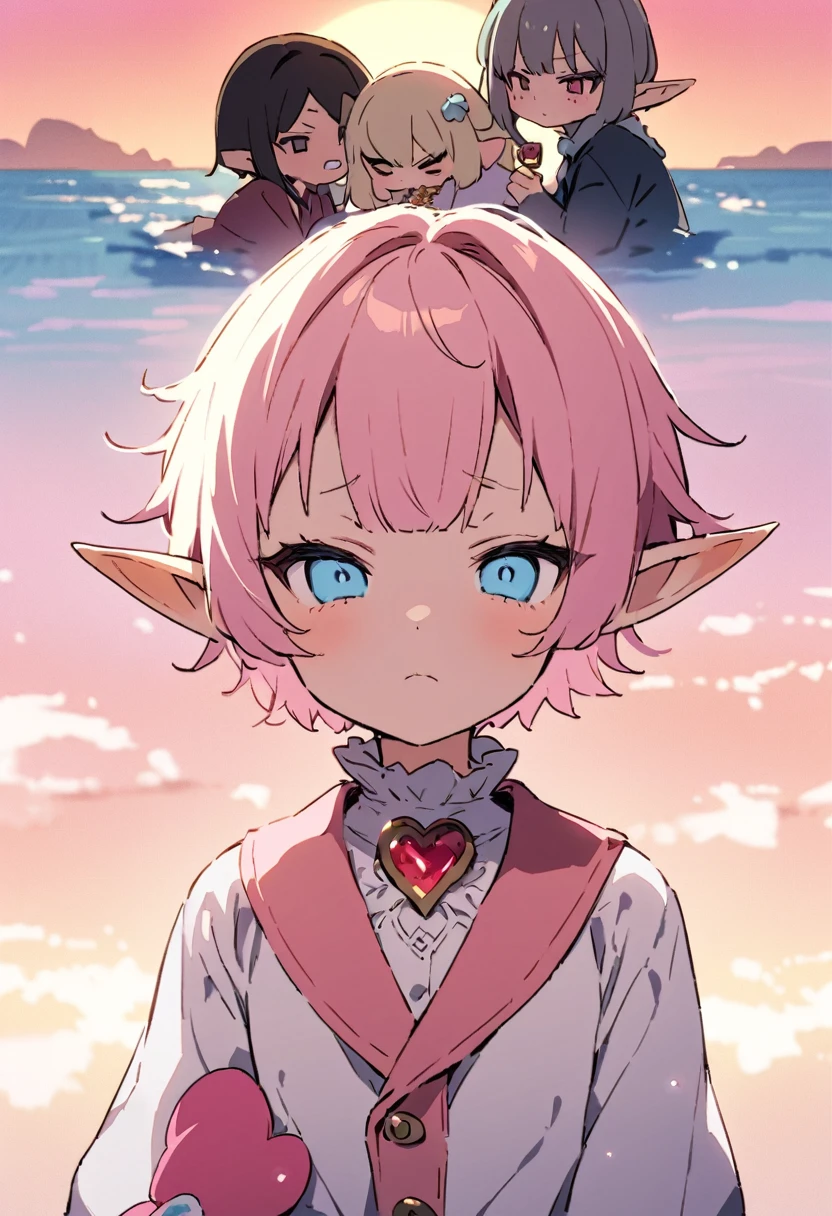 masterpiece, Highest quality, Illustration of the novel, High resolution, 18+ Adult content, Sensual, Intimate, Emotional, Passionate, romantic, sweet, Adorable, Innocent, Pure, charmな, charmな, charm, mysterious, charmな, charmな, Immersive, charmな, dream-like, Surreal, Imaginative, Whimsical, Artistic, Avant-garde, timeless, elegant, Sophisticated, chic, Sophisticated, Personality, original, charmな,((Loli Elf:1.3)),((A look of disgust:1.3))、Upper Body、(a bit),((Sunrise Time/Sunrise time/sunrise time:1.3))