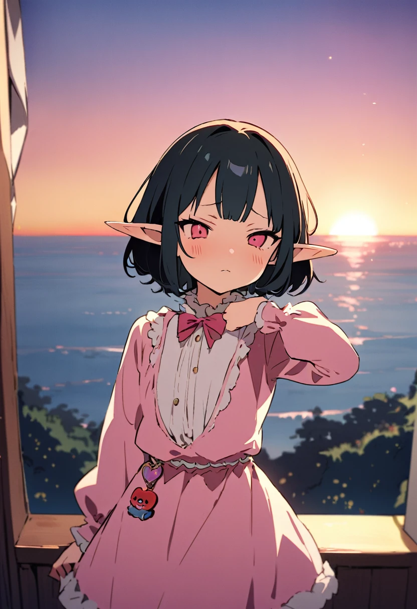 masterpiece, Highest quality, Illustration of the novel, High resolution, 18+ Adult content, Sensual, Intimate, Emotional, Passionate, romantic, sweet, Adorable, Innocent, Pure, charmな, charmな, charm, mysterious, charmな, charmな, Immersive, charmな, dream-like, Surreal, Imaginative, Whimsical, Artistic, Avant-garde, timeless, elegant, Sophisticated, chic, Sophisticated, Personality, original, charmな,(( Elf:1.3)),((A look of disgust:1.3))、Upper Body、(a bit),((Sunrise Time/Sunrise time/sunrise time:1.3))
