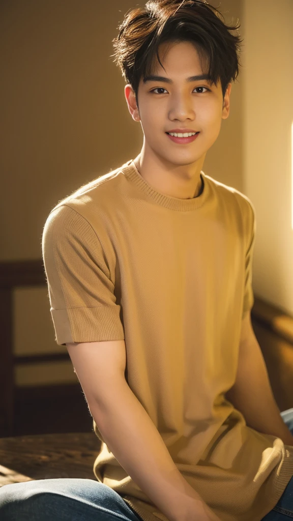 (RAW photo :1.2), (verisimilitude :1.4), casual male, posing at the screen with a smile, very detailed eyes and face, super detailed, high resolution, very detailed, best quality, masterpiece, 8k, amazing, fine detail, soft lighting