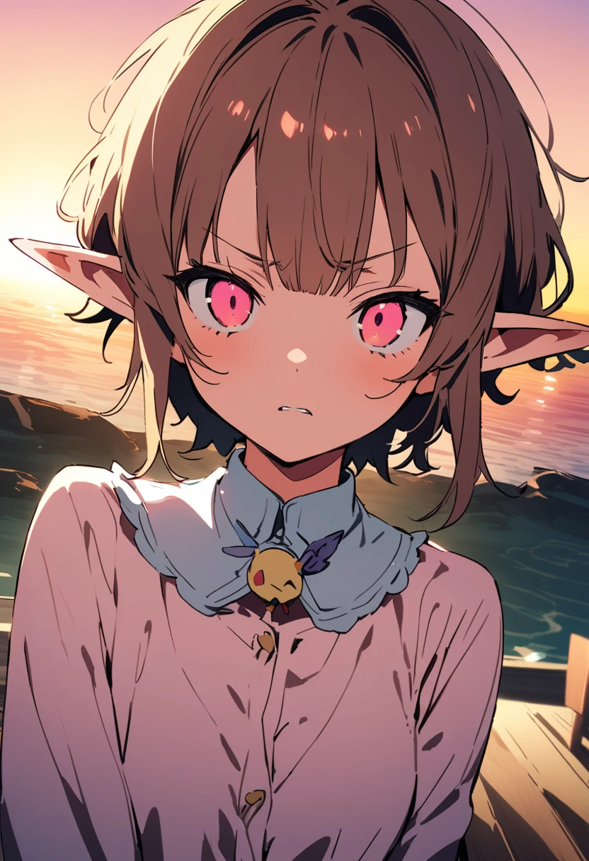 masterpiece, Highest quality, Illustration of the novel, High resolution, 18+ Adult content, Sensual, Intimate, Emotional, Passionate, romantic, sweet, Adorable, Innocent, Pure, charmな, charmな, charm, mysterious, charmな, charmな, Immersive, charmな, dream-like, Surreal, Imaginative, Whimsical, Artistic, Avant-garde, timeless, elegant, Sophisticated, chic, Sophisticated, Personality, original, charmな,(( Elf:1.3)),((A look of disgust:1.3))、Upper Body、(a bit),((Sunrise Time/Sunrise time/sunrise time:1.3))