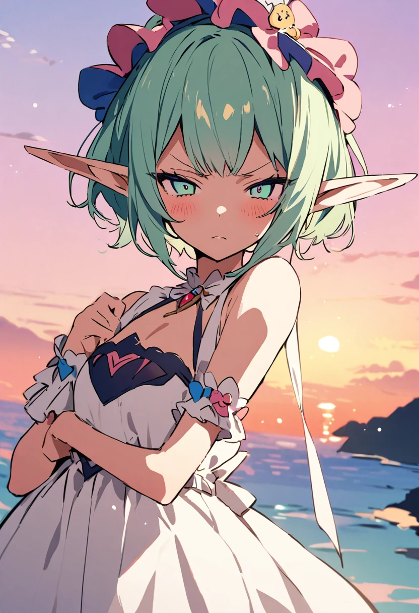masterpiece, Highest quality, Illustration of the novel, High resolution, 18+ Adult content, Sensual, Intimate, Emotional, Passionate, romantic, sweet, Adorable, Innocent, Pure, charmな, charmな, charm, mysterious, charmな, charmな, Immersive, charmな, dream-like, Surreal, Imaginative, Whimsical, Artistic, Avant-garde, timeless, elegant, Sophisticated, chic, Sophisticated, Personality, original, charmな,((Loli Elf:1.3)),((A look of disgust:1.3))、Upper Body、(a bit),((Sunrise Time/Sunrise time/sunrise time:1.3))