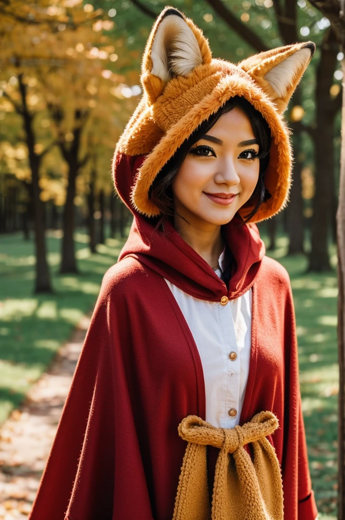 A person who is dressed as a fox and wearing a cherry poncho 
