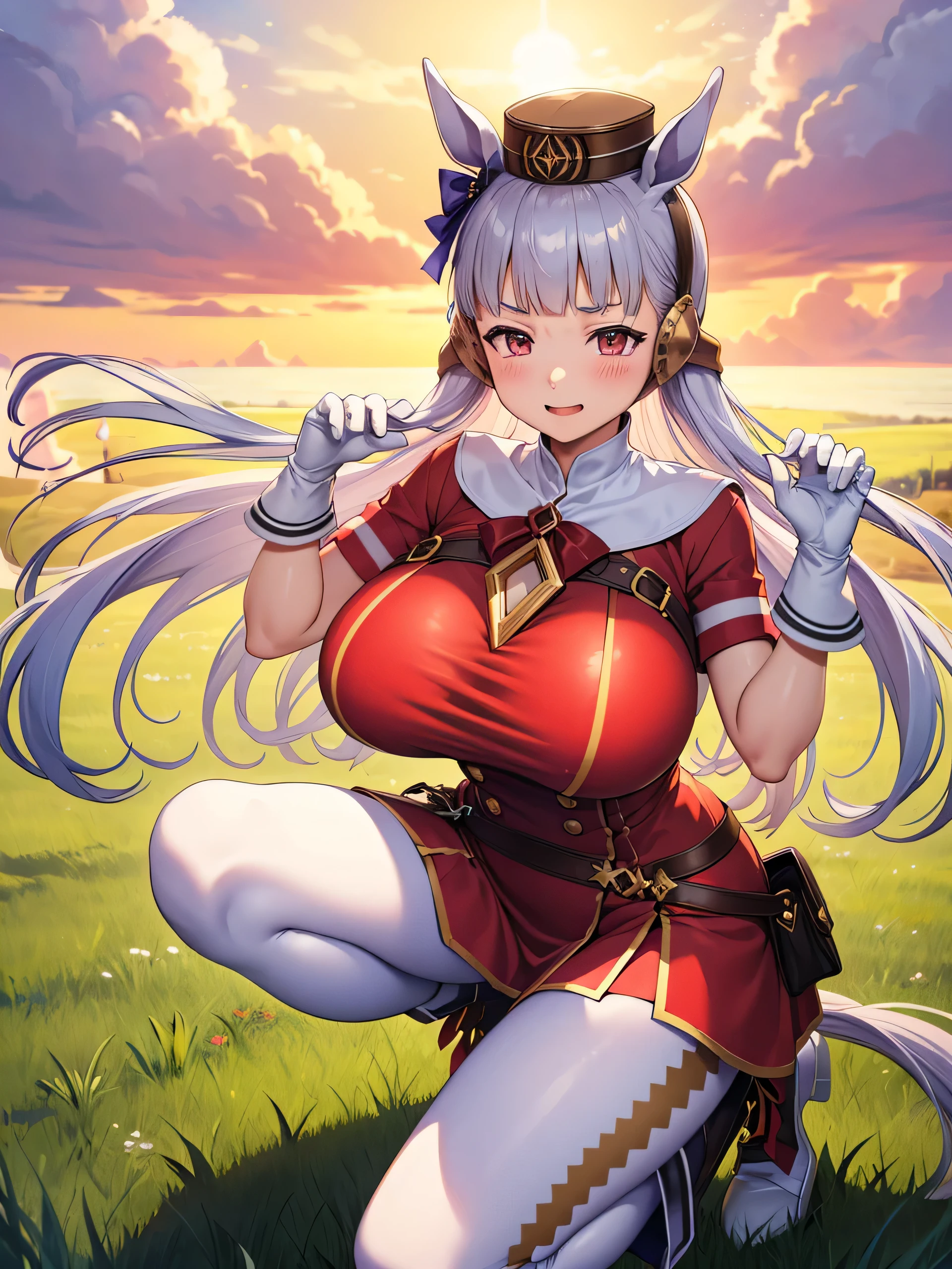 (masterpiece, Highest quality:1.2), alone, One girl, umpd gold ship, pillbox hat,Red dress,No sleeve, White Pantyhose, White gloves、boots, Horse tail,、grassland、Nature、blush、LOL、Wow smile、summer、Sunset、(Huge breasts:1.2)、Nipples are visible、Clothes are see-through、Naughty pose、Raise one leg、Leg spread、Pantyhose bite、See-through pussy、、Kindergarteners、、、、の小さな体