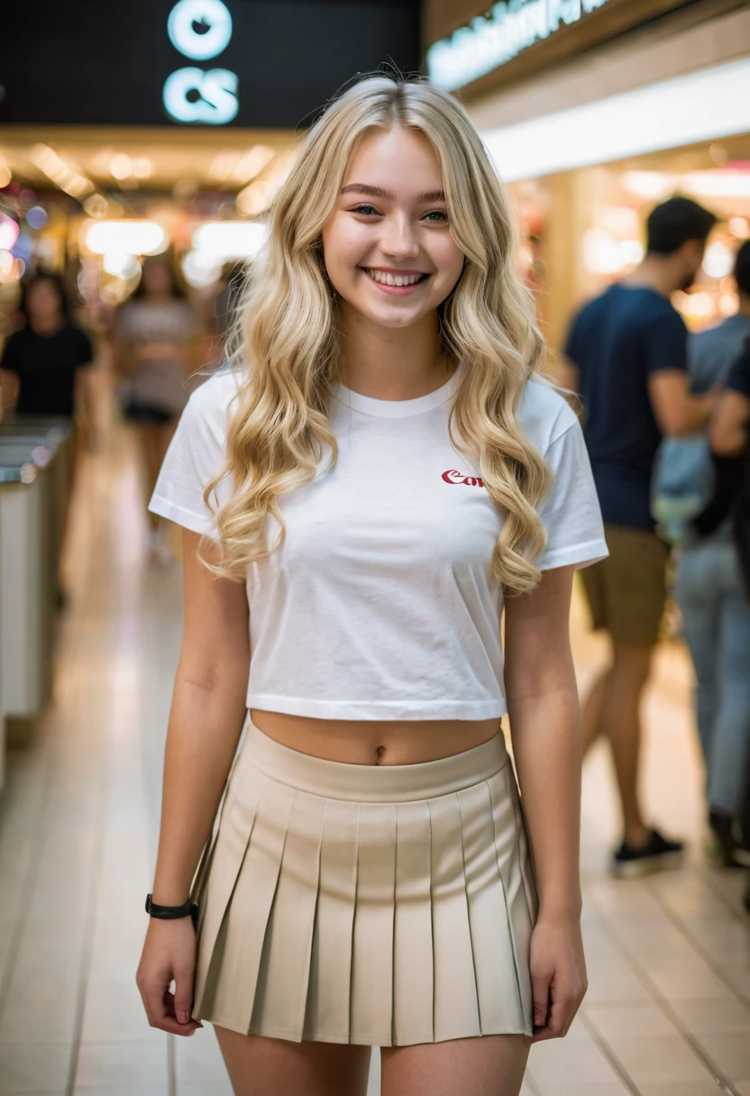Young , beautiful, long blonde hair with slight curls, wearing tight t-shirt, wearing short pleated miniskirt, smiling, (shot with Canon EOS R5 C RF24-105mm F2.8), deep shadows, walking in a busy mall at night