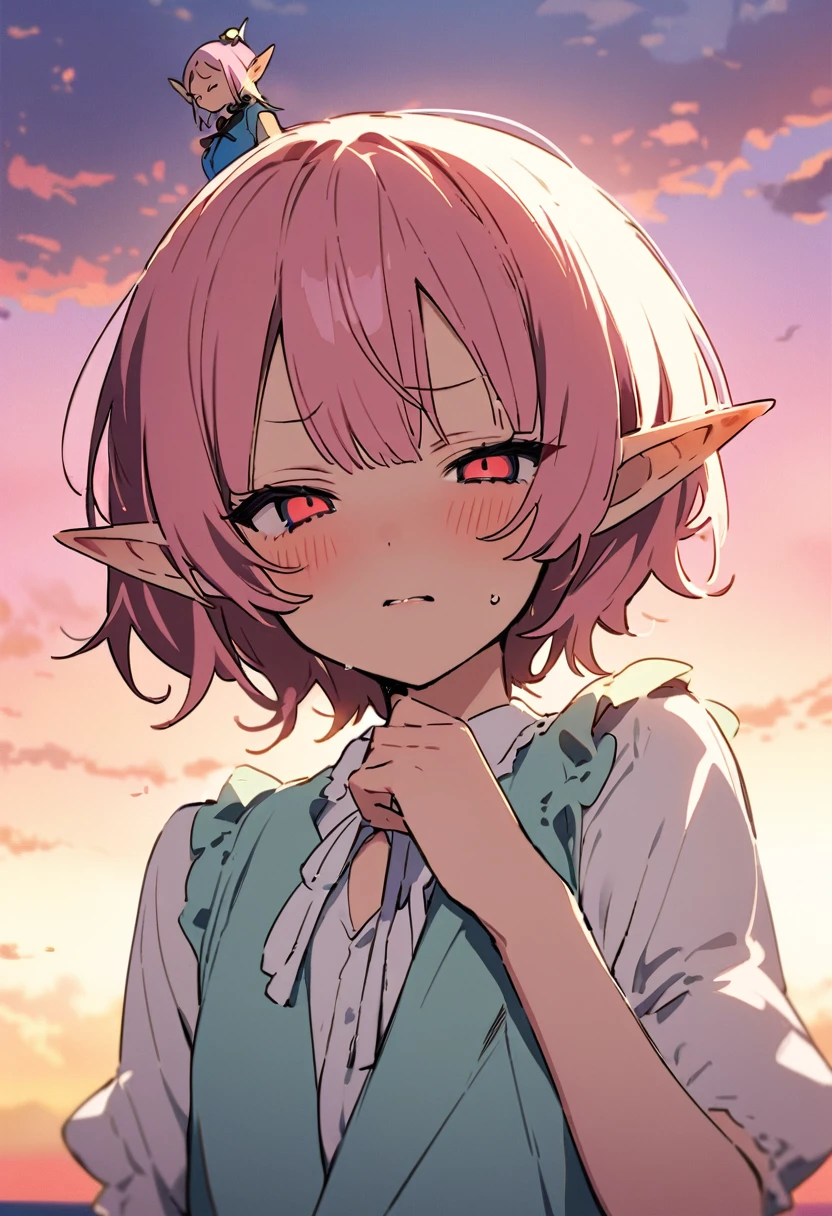 masterpiece, Highest quality, Illustration of the novel, High resolution, 18+ Adult content, Sensual, Intimate, Emotional, Passionate, romantic, sweet, Adorable, Innocent, Pure, charmな, charmな, charm, mysterious, charmな, charmな, Immersive, charmな, dream-like, Surreal, Imaginative, Whimsical, Artistic, Avant-garde, timeless, elegant, Sophisticated, chic, Sophisticated, Personality, original, charmな,((Loli Elf:1.3)),((A look of disgust:1.3))、Upper Body、(a bit),((Sunrise Time/Sunrise time/sunrise time:1.3))
