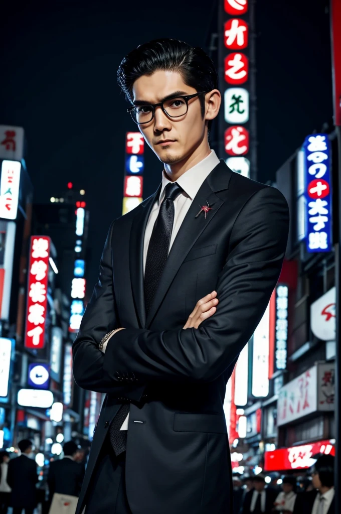 Squid face,Scary face,Faces that feel fear,Bad face,Villain,suit,Skinny,Real,Reality,Tokyo Night,Highest quality,Handsome,Center parted hairstyle,