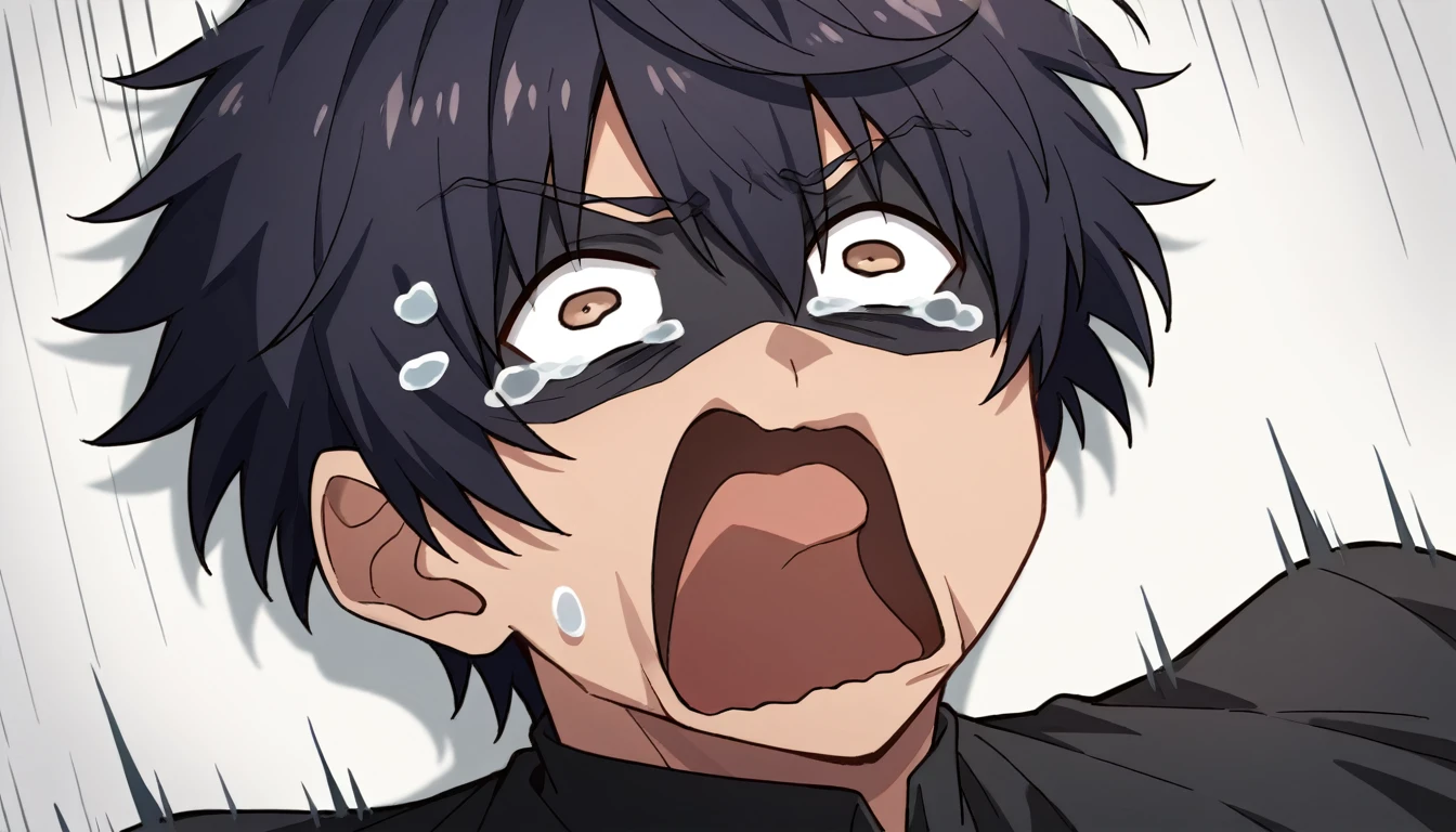 score_9, score_6_up, source_anime, 1man, solo, upper body, aquascreaming, screaming, open mouth, crying with eyes open, (black skin man), dark brown eyes, black hair, short hair, Male Fashion, (((right eye flap)))