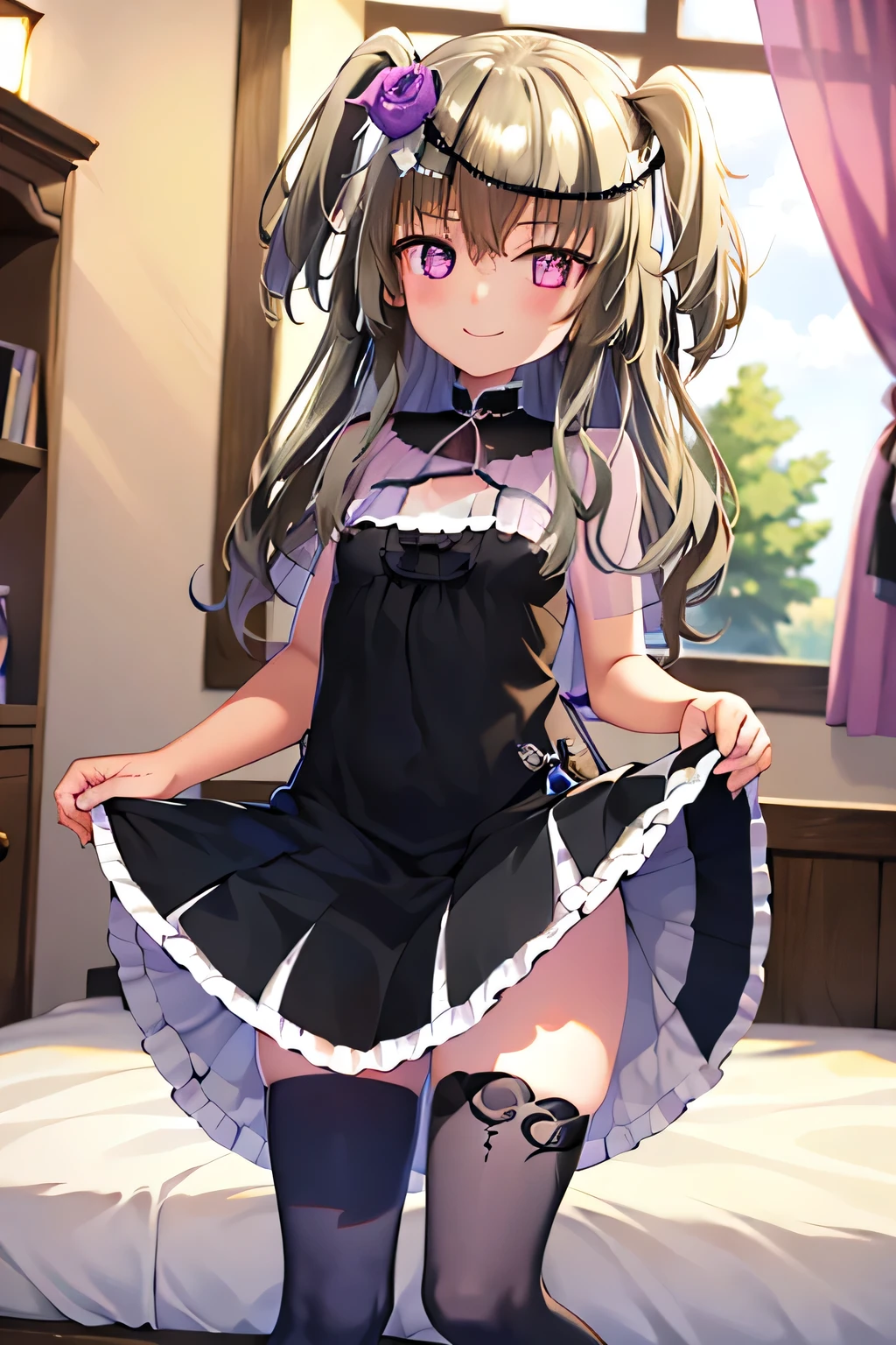 Himari Mei, masterpiece, loli, cute, flat chest, {{{nsfw}}}, black short dress, detailed sparkling and brilliant purple eyes, head tilt, in castle style bedroom, cute and shy smile, Wide legged, clearly showing off black panties, thighhigh sox, hold legs up, short skirt, skirt lift