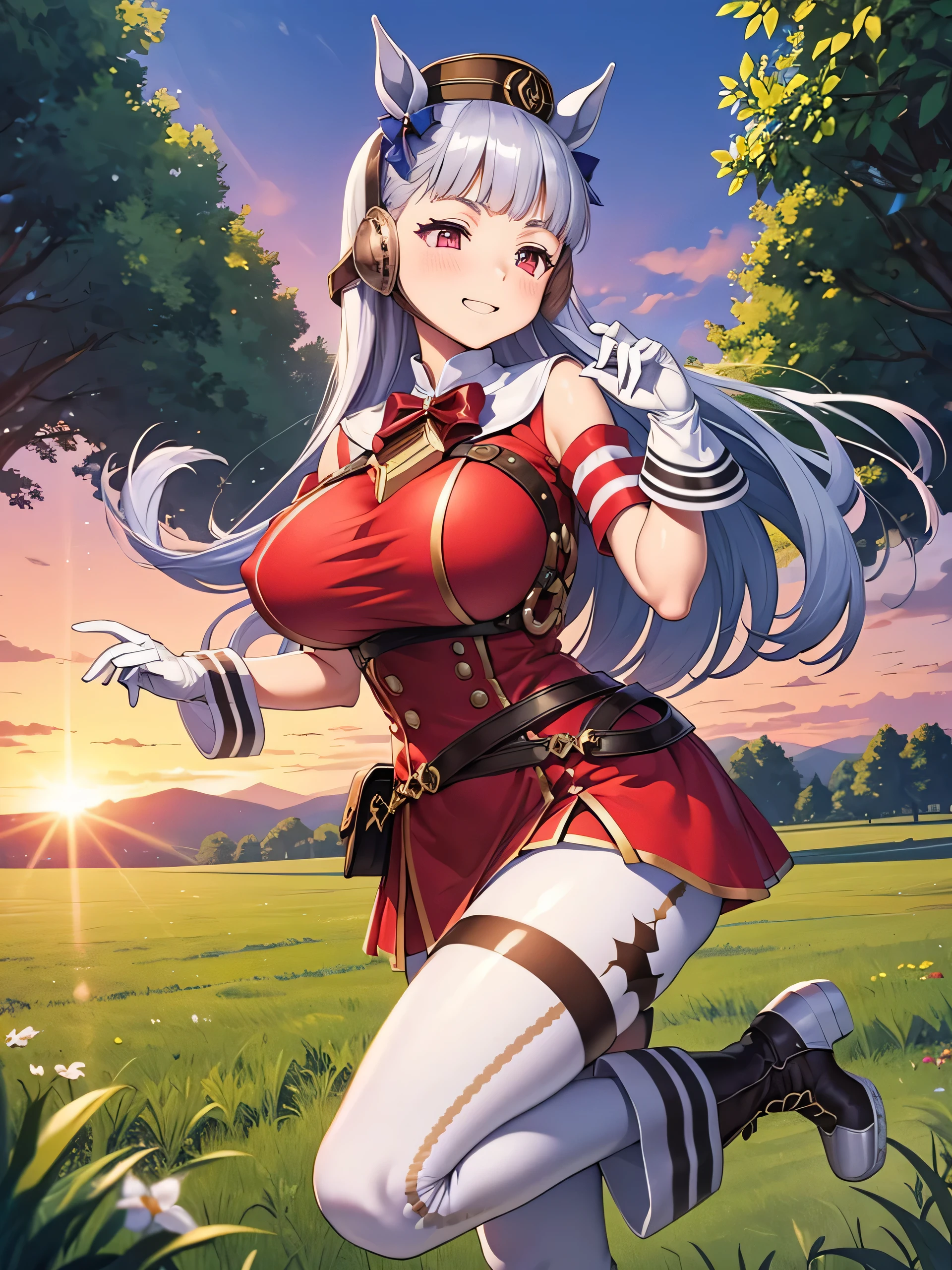 (masterpiece, Highest quality:1.2), alone, One girl, umpd gold ship, pillbox hat,Red dress,No sleeve, White Pantyhose, White gloves、boots, Horse tail,、grassland、Nature、blush、LOL、Wow smile、summer、Sunset、(Huge breasts:1.2)、Nipples are visible、Clothes are see-through、Naughty pose、Raise one leg、Leg spread、Pantyhose bite、See-through pussy、、ergarteners、、6 yearさな体
