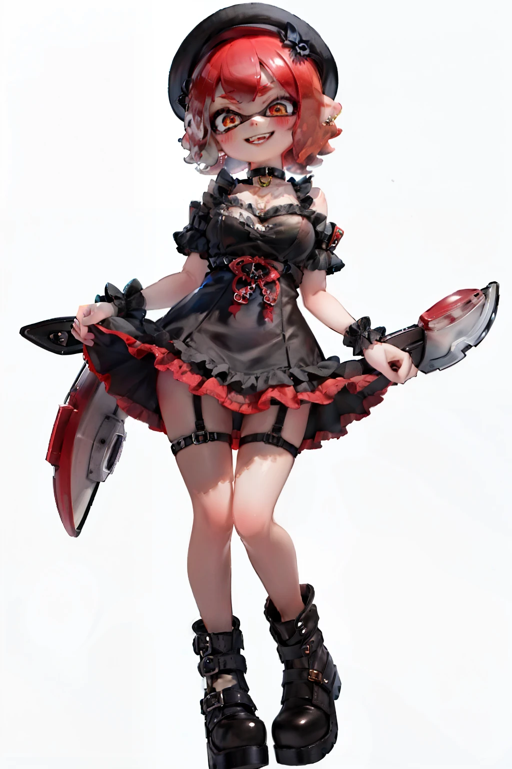 masterpiece、Highest quality、High resolution、Real Anime、Splatoon Girl、 Red metallic tentacle hair, Golden Eyes, gigantic breast、Cleavage、 Toothy smile、  Uh huh?, red and black skirt, Thigh length and knee length, Short sleeve, Frills, choker, Black Shirt, Thigh straps, Asymmetrical legwear, Platform boots, Are standing, White Background,skirt lift pov、