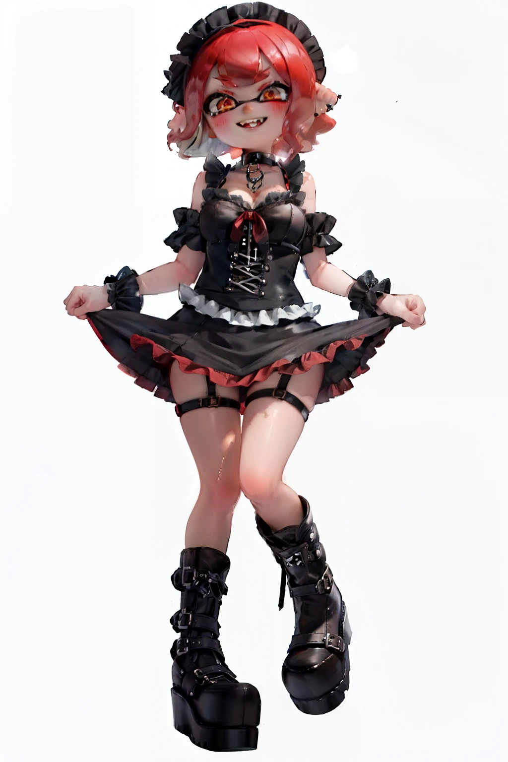 masterpiece、Highest quality、High resolution、Real Anime、Splatoon Girl、 Red metallic tentacle hair, Golden Eyes, gigantic breast、Cleavage、 Toothy smile、  Uh huh?, red and black skirt, Thigh length and knee length, Short sleeve, Frills, choker, Black Shirt, Thigh straps, Asymmetrical legwear, Platform boots, Are standing, White Background,skirt lift pov、