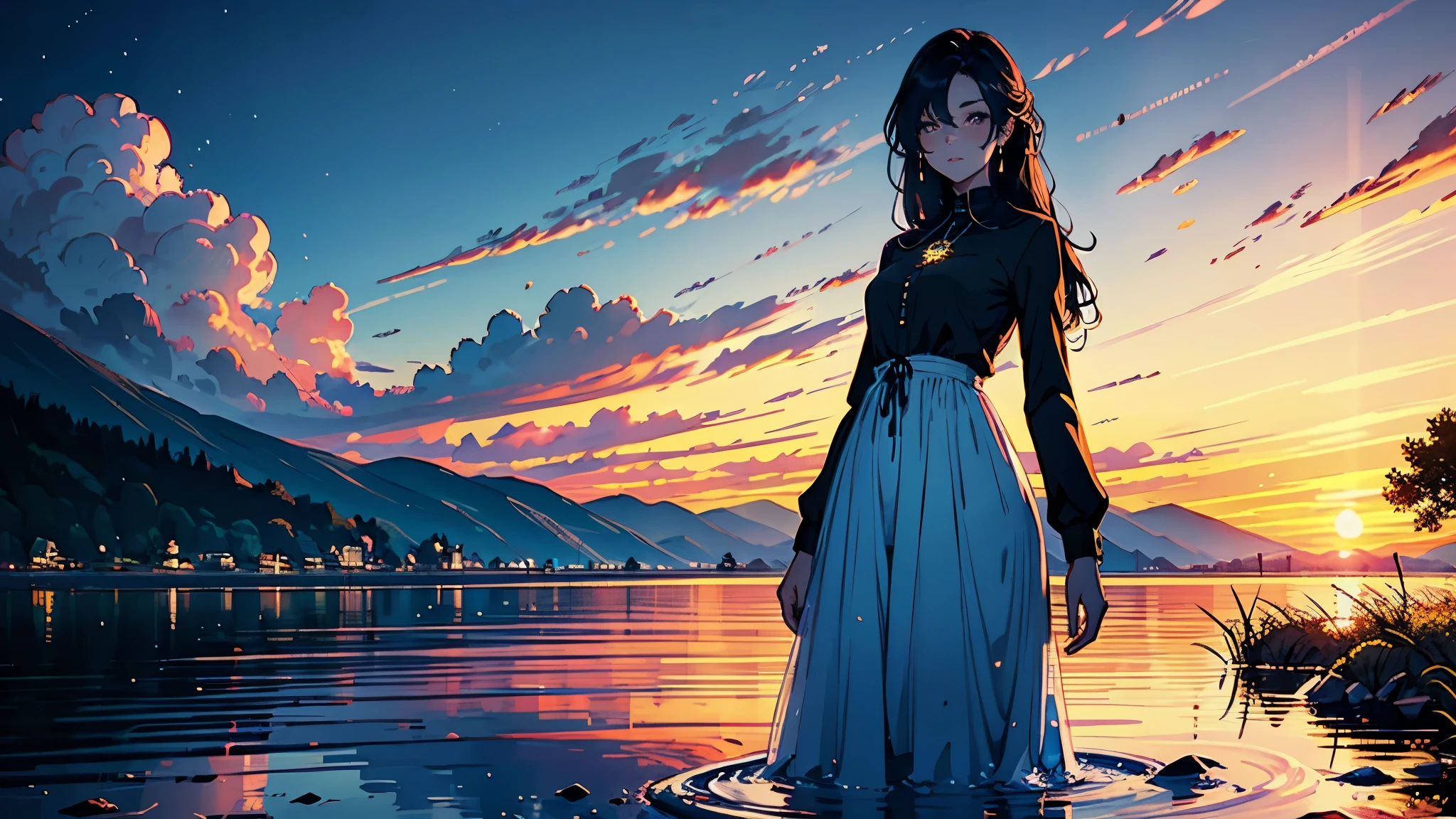 1 girl, cheerful expression, fascinating eyes, straight long hair, flowing dress, balanced posture, porcelain skin, Subtle blush, Crystal pendant BREAK golden hour, (rimlighting):1.2, warm tones, sunflare, Soft Shadows, bright colours, painterly effect, dreamy atmosphere break picturesque lake, distant mountains, Weidenbaum, still water, Consideration, sunlit clouds, peaceful atmosphere, idyllic sunset, ultra detailed, offcial art, Unity 8k Wallpaper
, zentangle, mandala