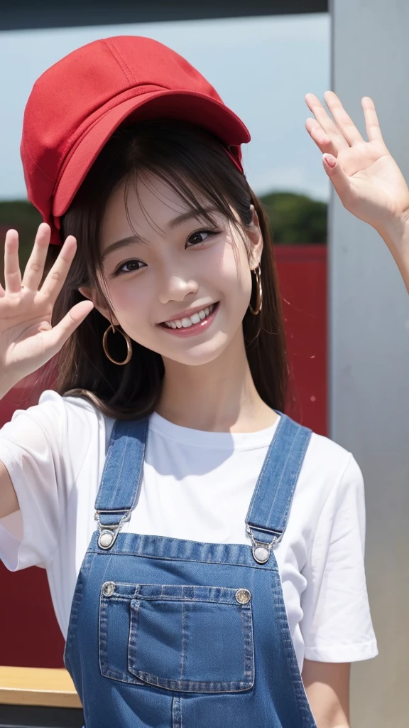 Red Hat、Blue Overalls、Wearing a white shirt。She is greeting with a cheerful smile and her right hand raised.。In the background you can see Dr. Yamabuki's house in Penguin Village.。There is a garden in front of the house、The sky was clear and、The sunshine is warm。