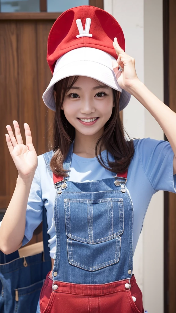 Red Hat、Blue Overalls、Wearing a white shirt。She is greeting with a cheerful smile and her right hand raised.。In the background you can see Dr. Yamabuki&#39;s house in Penguin Village.。There is a garden in front of the house、The sky was clear and、The sunshine is warm。