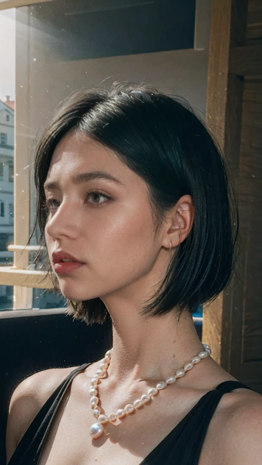 A glamorous 25yo woman with (black bob hairstlye), sparkling blue eyes, and olive skin. She stands (gotic stlye) that reaches the floor, reflecting the sunlight off the yachts. A single pearl necklace adorns her neck. The scene takes place on ((abandon house)), masterpiece, best quality, realistic, ultra detailed, head shot
