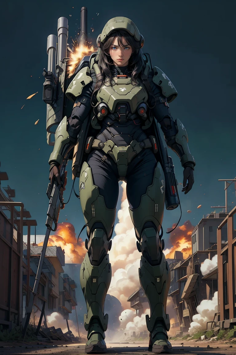 1 girl, black long hair, wearing mecha battle armor, heavy backpack, shoot and run, fullbody shot, hold and shoot big weapon, at the battle place, explosion, fight againts aliens invasion,